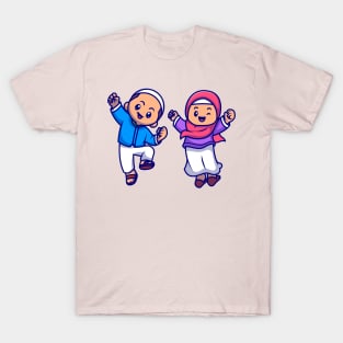 Cute Girl And Boy Moslem Celebrating Ied Mubarak Cartoon T-Shirt